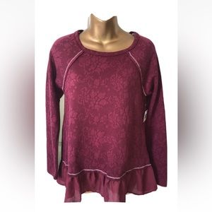 Miss Chie Vous Crew Neck Burgundy Ruffled Bottom Sweater Size M New With Tags